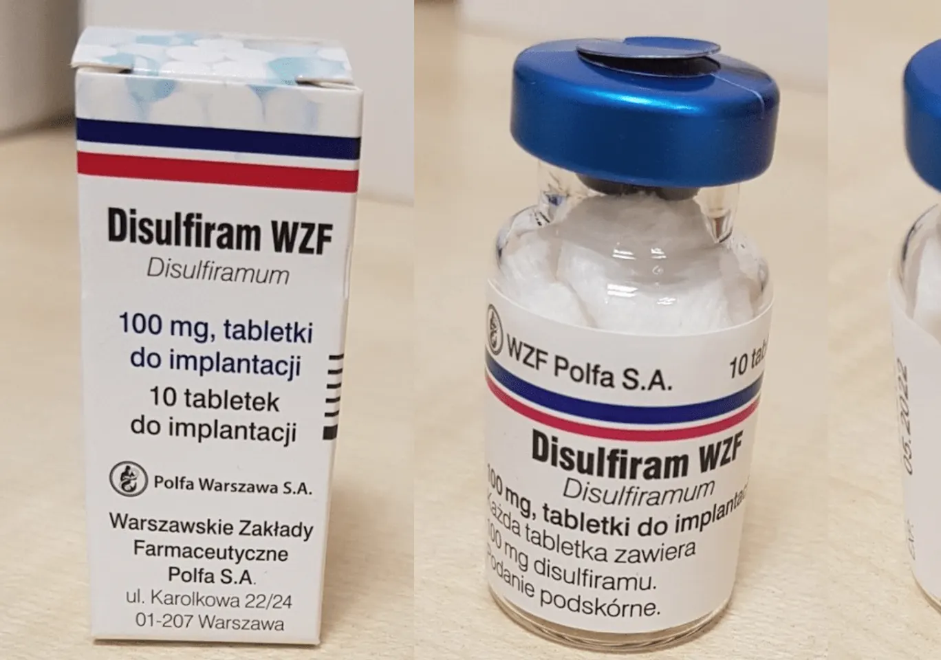 Wszywka alkoholowa Esperal / Disulfiram Piotrków Trybunalski: fiolka disulfiramu obok opakowania leku